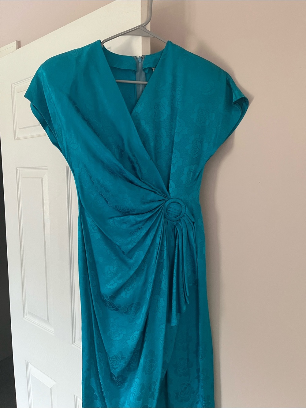 80s Teal Wrap-Style Women’s Dress with Ring Detail and built-in shoulder pads